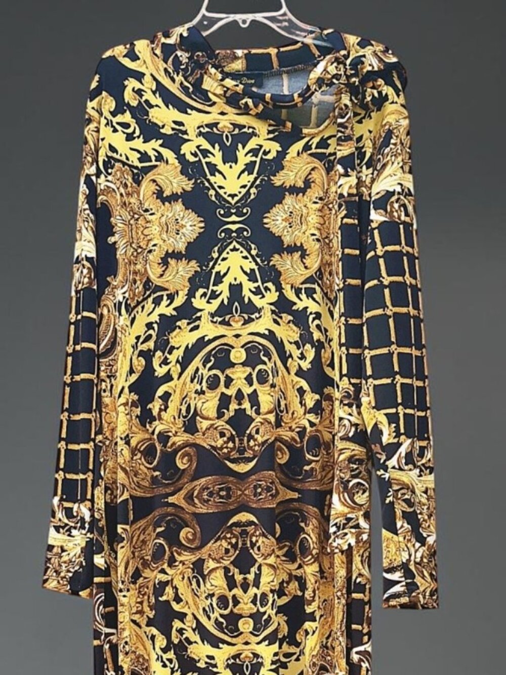 Sexy Diva Baroque Print Maxi Dress – Black & Gold Long Sleeve Tie-Neck Gown